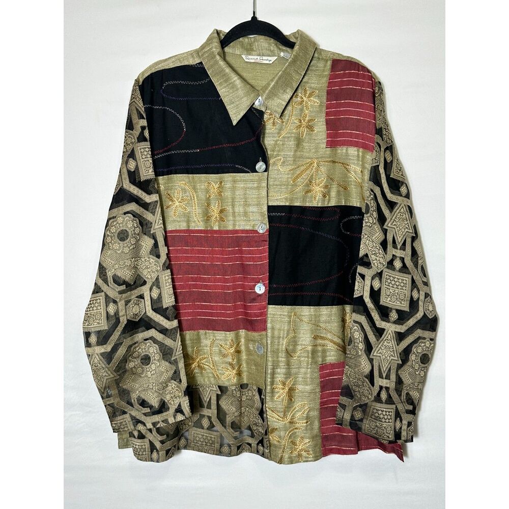French Laundry Plus Sz 1X Langenlook Button Down Blouse Silk Blend Sheer Sleeves